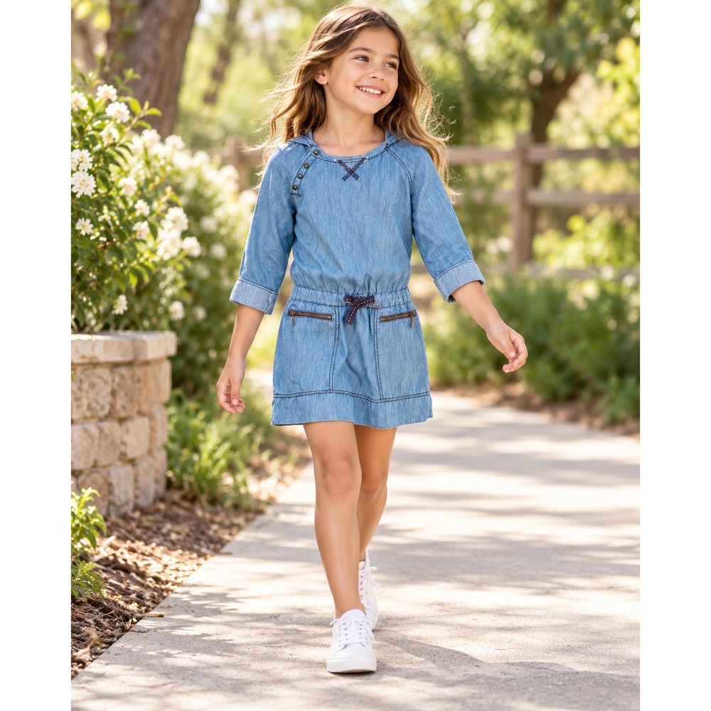 Girls Blue Chambray Denim Hooded Dress Light Wash Size 7/8